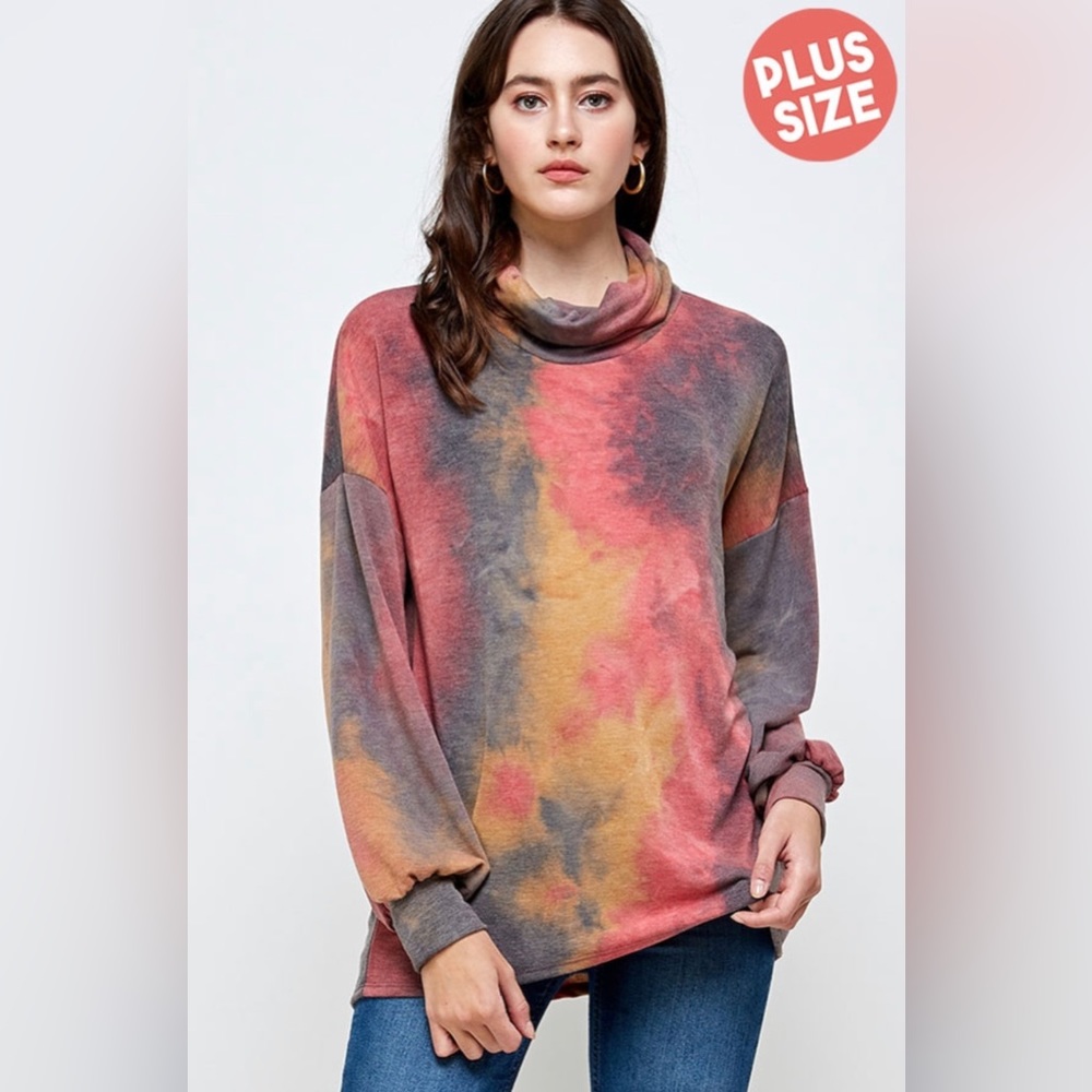 563 ❤️ PLUS SIZE TIE DYE PULLOVER WITH FACE COVERING OPTION- RED MUSTARD